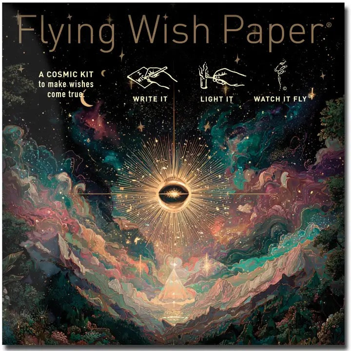 Cosmic-themed product packaging with celestial design and text about making wishes come true.