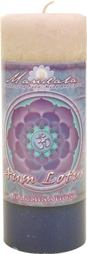 A cylindrical candle with a cream-colored top, a purple and teal lotus flower graphic on the label, and a dark purple bottom half. The brand 'Mandala' is visible on the label.