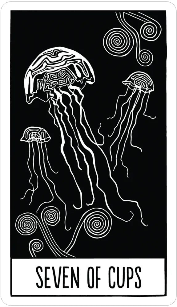 Card with jellyfish design labeled 'Seven of Cups' on a black background