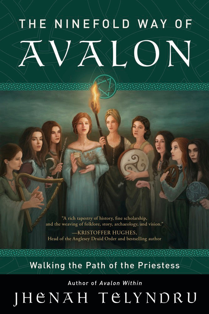 Book cover of 'The Ninefold Way of Avalon' with women holding symbolic items against a dark background.