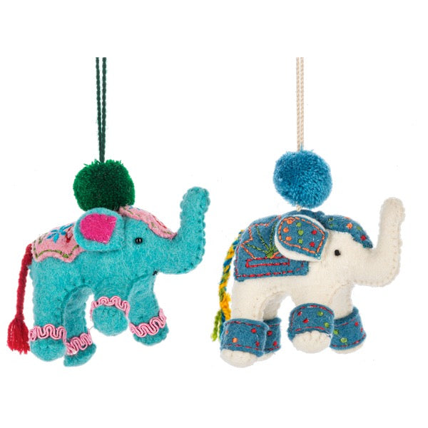 Two colorful elephant ornaments with pom-poms on a white background