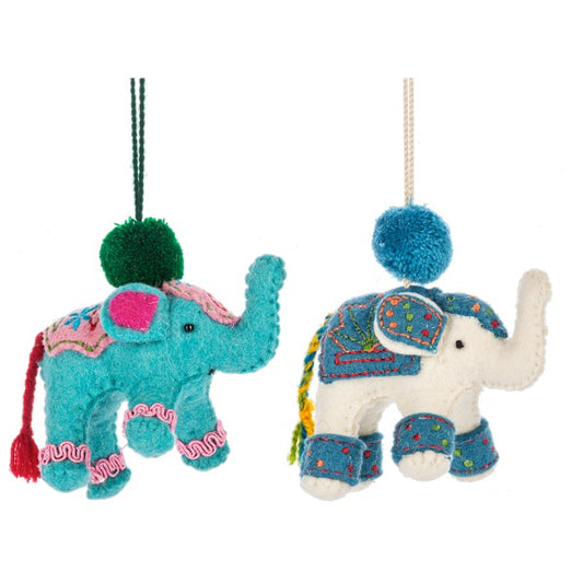 Two colorful elephant ornaments with pom-poms on a white background