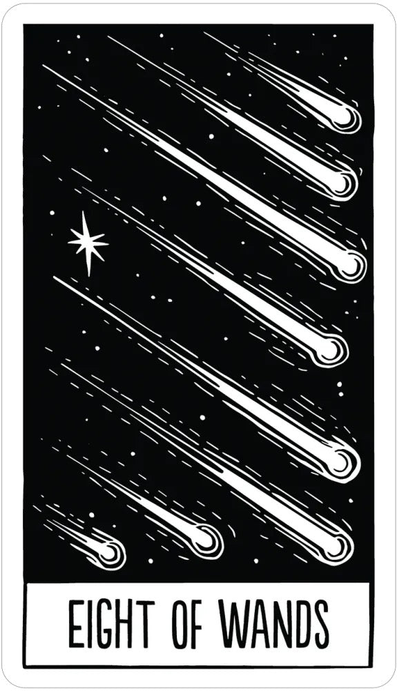 A black and white tarot card illustration labeled 'EIGHT OF WANDS,' showing several meteors streaking across a starry night sky with a white border and text box at the bottom.