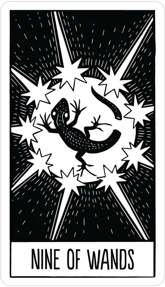Nine of Wands tarot card with black and white design