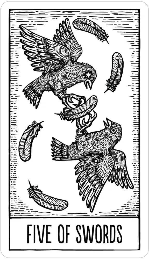 Tarot card featuring two birds and a snake with 'Five of Swords' text