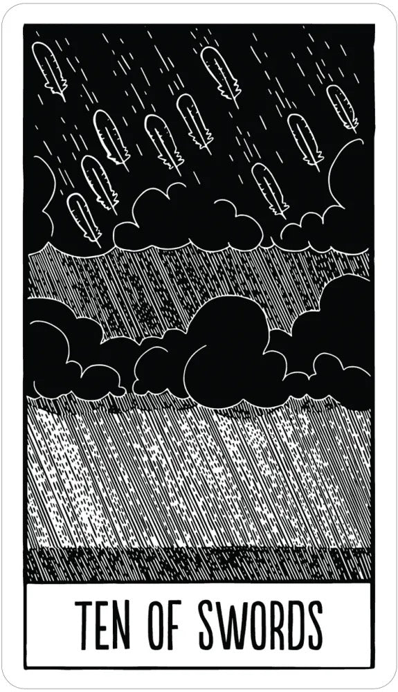Tarot card featuring a stormy sky with clouds and rain, labeled 'Ten of Swords'.