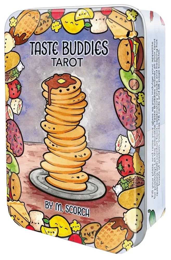 Taste Buddies Tarot card packaging with a stack of pancakes and food-themed border.