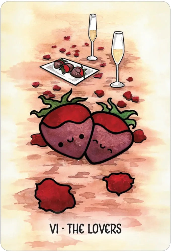 Card titled 'The Lovers' with strawberries, champagne, and a plate of food on a warm-toned background.