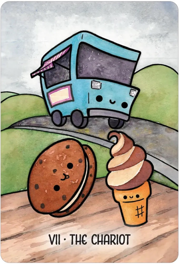 Cartoon bus, cookie, and ice cream cone with 'The Chariot' tarot card text.