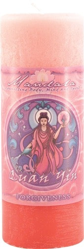 A pink cylindrical body candle with a printed label featuring a pink-robed figure and the words 'Mandala' and 'Quan Yin' on a white background.