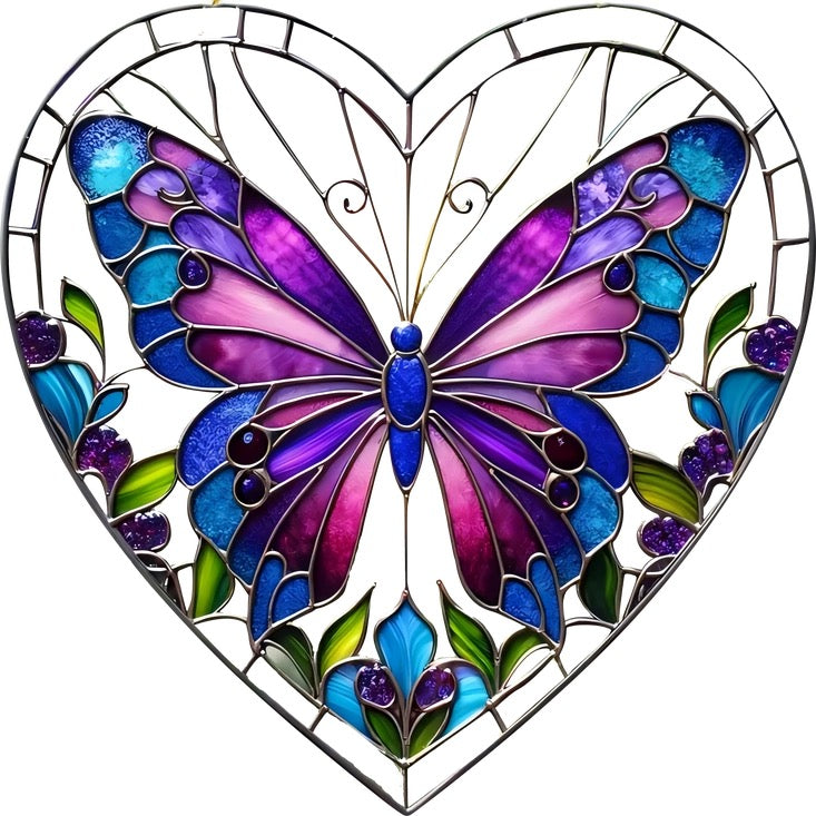 Stained Acrylic butterfly design in a heart shape with colorful wings and floral elements.