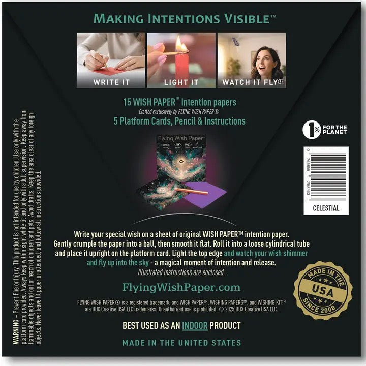 Back packaging of Flying Wish Paper with instructions and branding details.