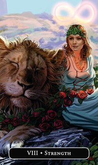 Card from a tarot deck featuring a woman with a lion and roses, labeled 'Strength'.