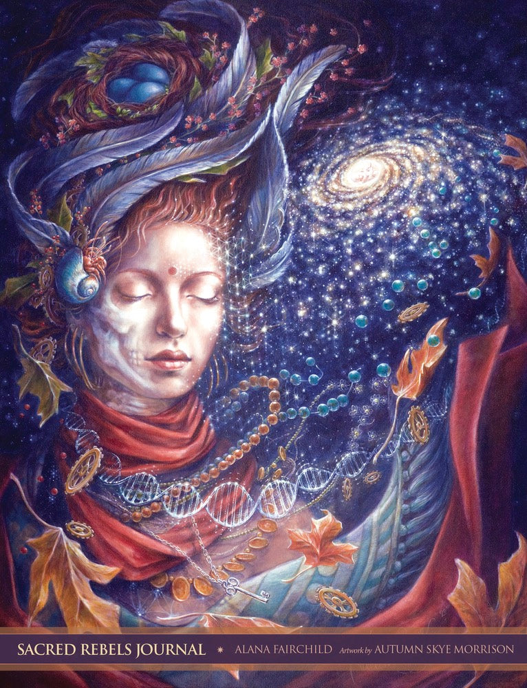 Cover of 'Sacred Rebels Journal' with artistic depiction of a woman and celestial elements.