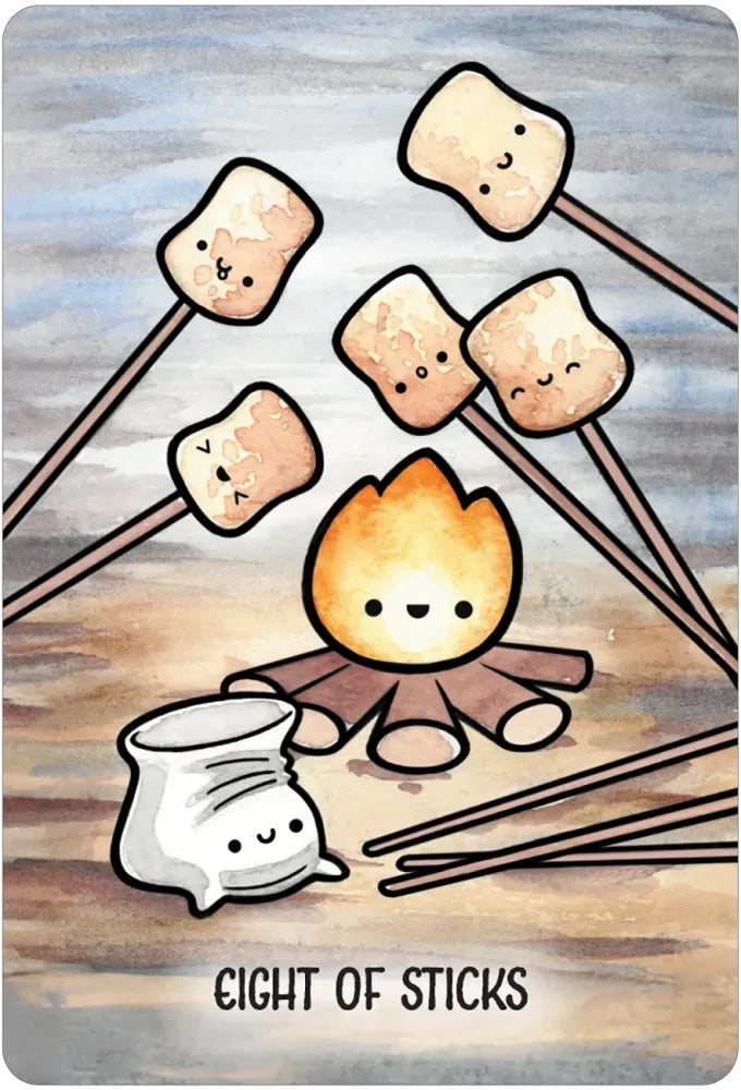 A whimsical illustrated card or print showing a campfire scene with smiling marshmallows on sticks, a small white bag, and the text 'EIGHT OF STICKS' at the bottom.