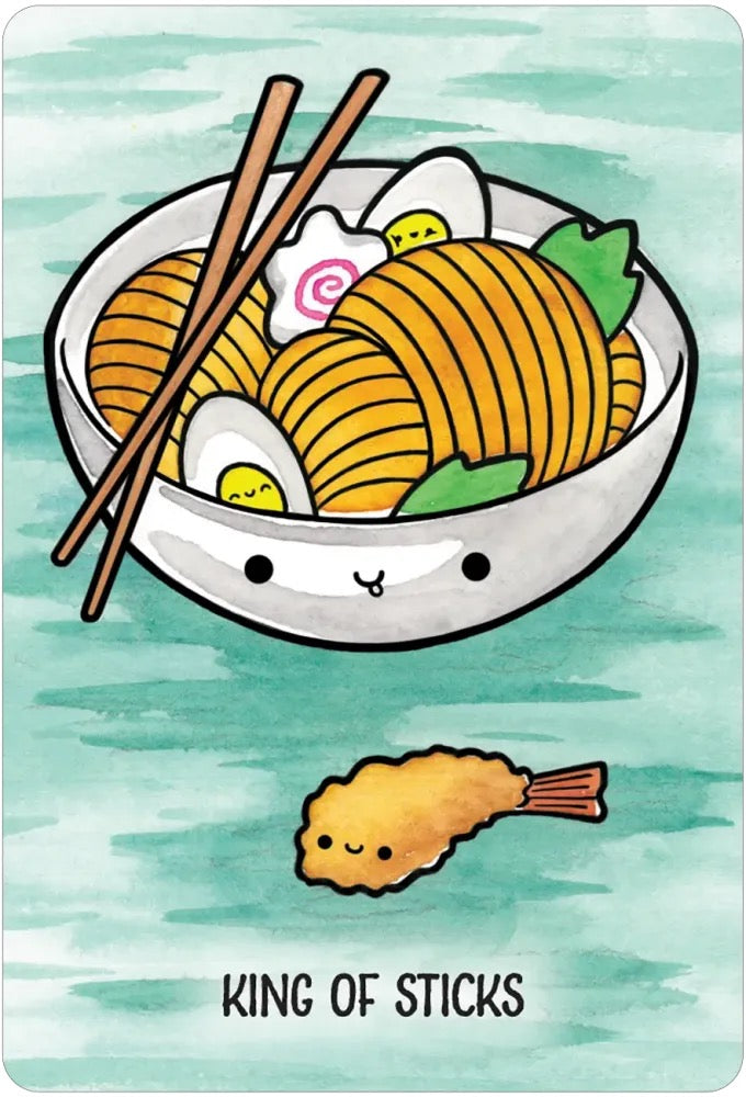 Cute illustration of a bowl of noodles with chopsticks and a fried fish on a light blue background.