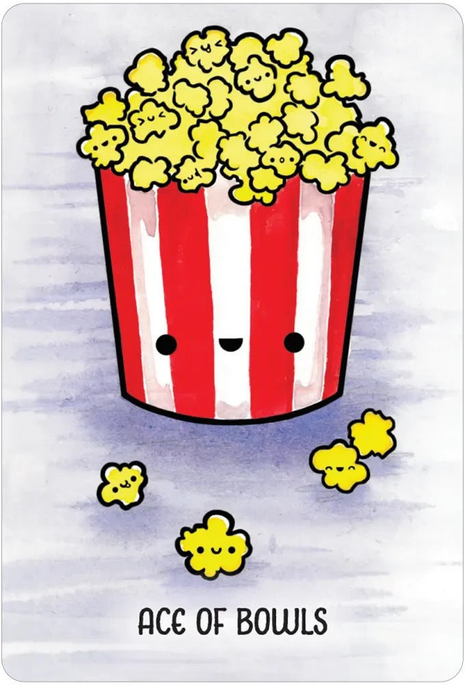A card or print featuring a cute watercolor illustration of a red-and-white striped popcorn bucket filled with yellow popcorn, with three loose popcorn pieces below and the text 'ACE OF BOWLS' at the bottom.