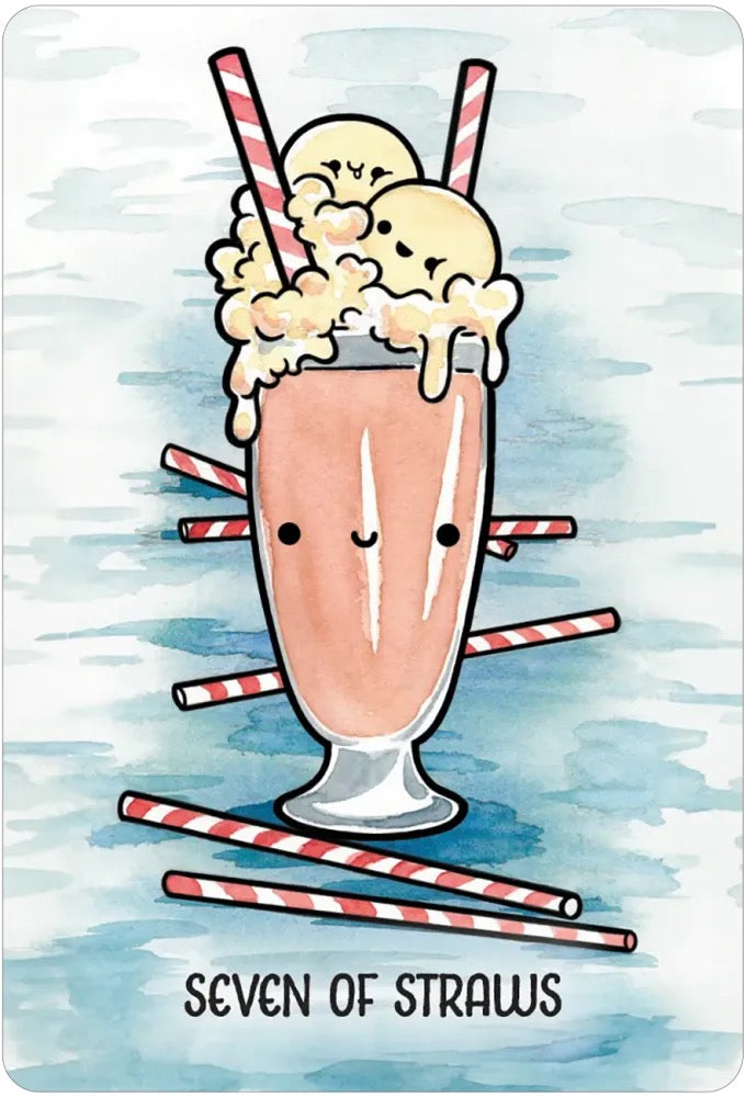 A square art print or card featuring a cute cartoon milkshake with a smiling face, topped with whipped cream and two red-and-white striped straws, with additional straws scattered around. The text 'SEVEN OF STRAWAS' appears at the bottom.