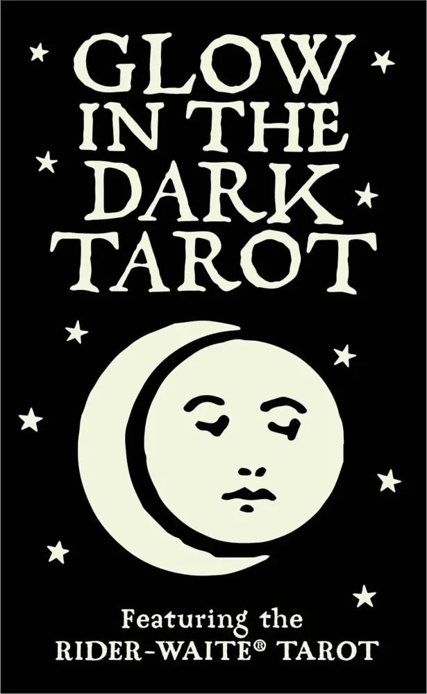 Glow in the Dark Tarot book cover with a moon and face design on a black background.