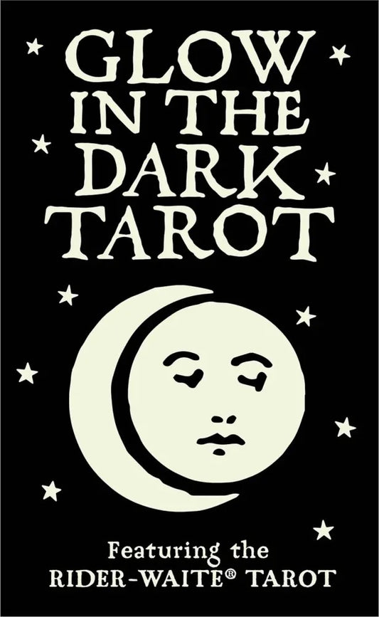 Glow in the Dark Tarot book cover with a moon and face design on a black background.