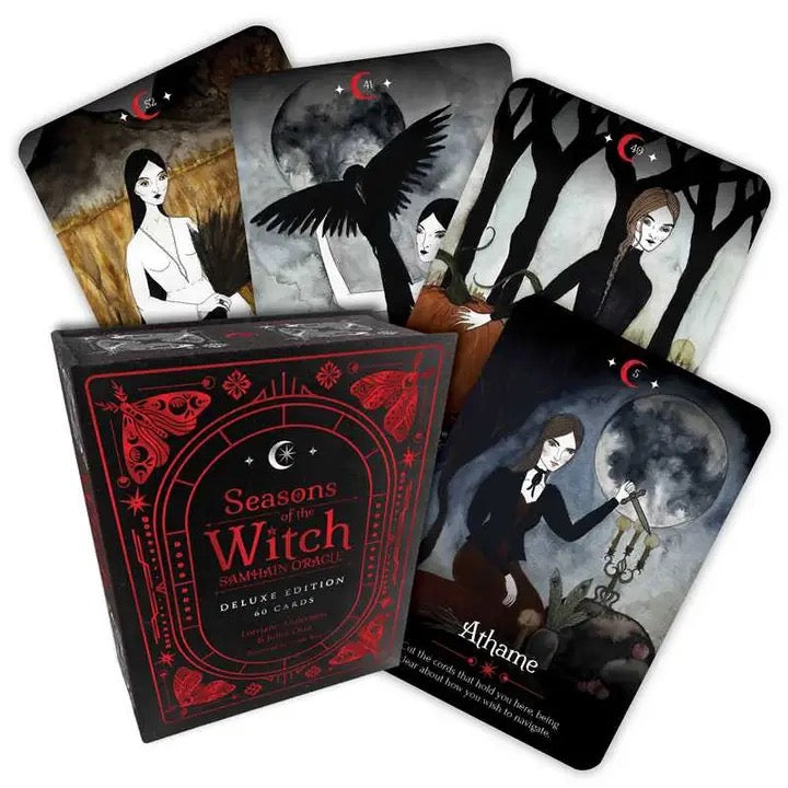 Card game set titled 'Seasons of the Witch' with cards featuring witch-themed illustrations and a box.