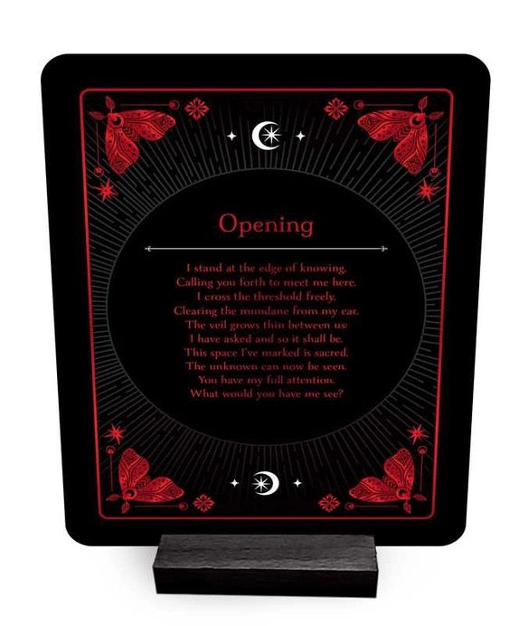 Decorative card with red text and butterfly designs on a black background