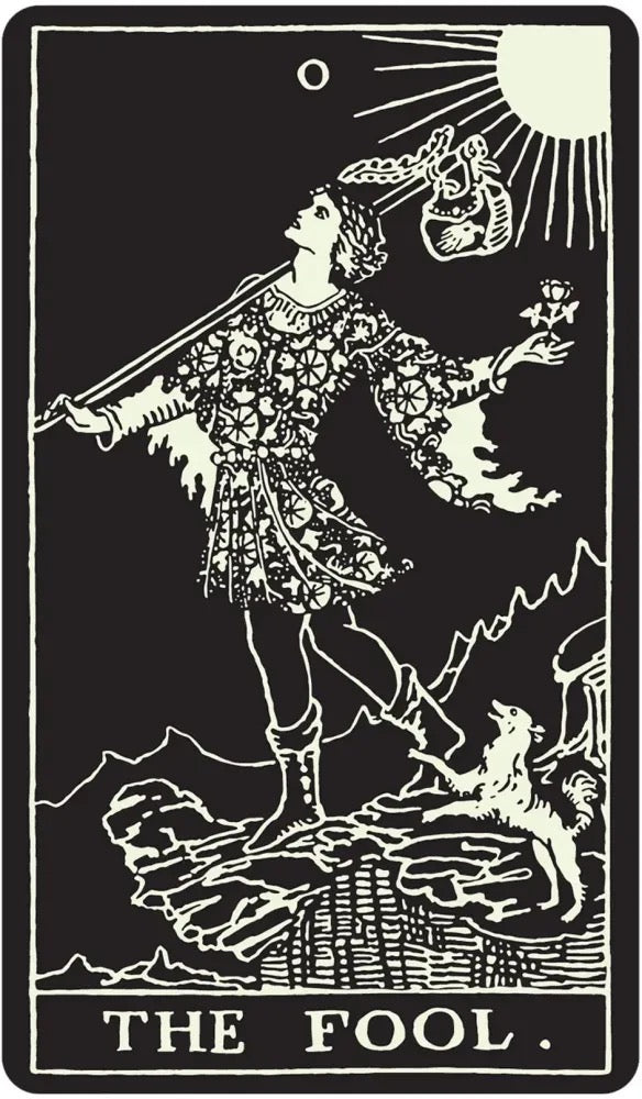 Tarot card featuring 'The Fool' with a person holding a staff and a bird, set against a black background.