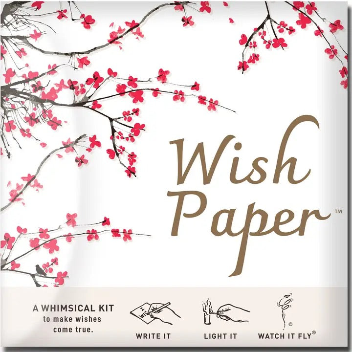 Wish Paper product packaging with cherry blossom design and 'Write It, Light It, Watch It Fly' text.