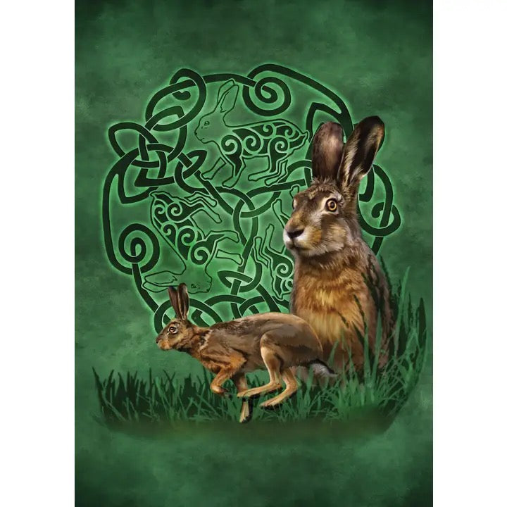 A vertical art Card featuring two hares in a grassy scene against a textured dark green background with a Celtic knot design.