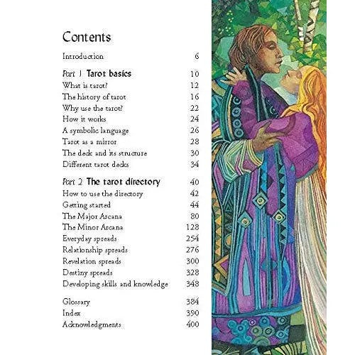 Table of contents for a tarot book with artistic illustration on the right side.