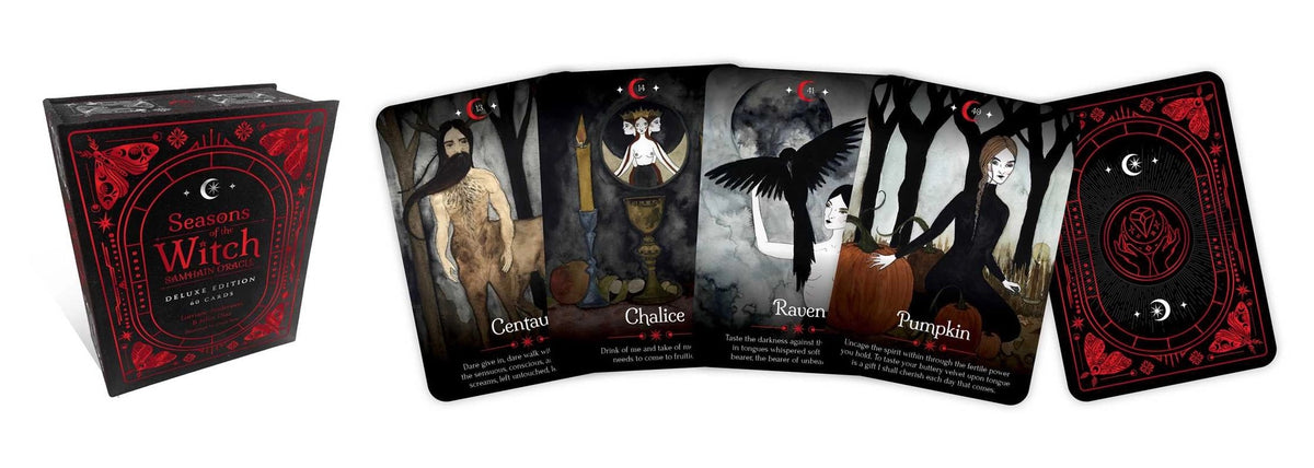 Set of oracle cards with dark, mystical designs on a white background