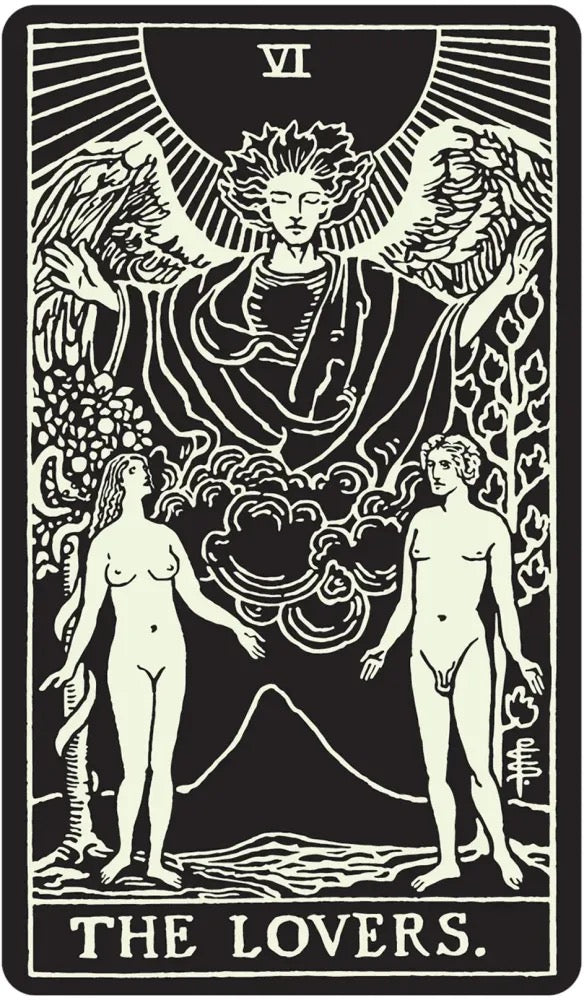 Tarot card 'The Lovers' with black and white illustration of two people and a central figure.