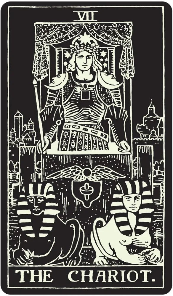 Tarot card 'The Chariot' with a black and white illustration of a person on a chariot, flanked by sphinxes.