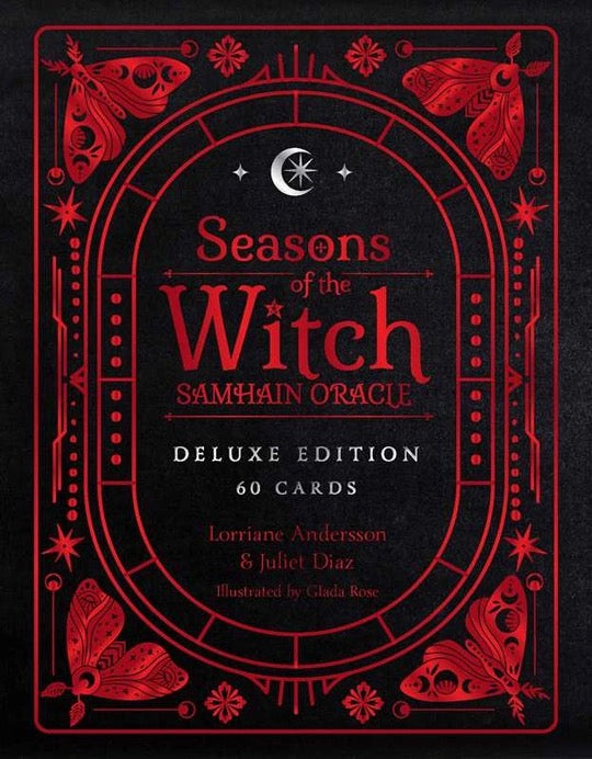 Front cover of the 'Seasons of the Witch: Samhain Oracle' Deluxe Edition card deck, featuring a black background with intricate red occult illustrations of a crescent moon, stars, and butterflies, and white text.