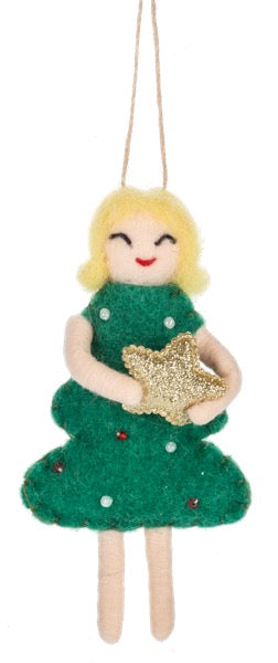 Decorative Christmas ornament of a girl in a green dress holding a gold star, hanging on a white background.