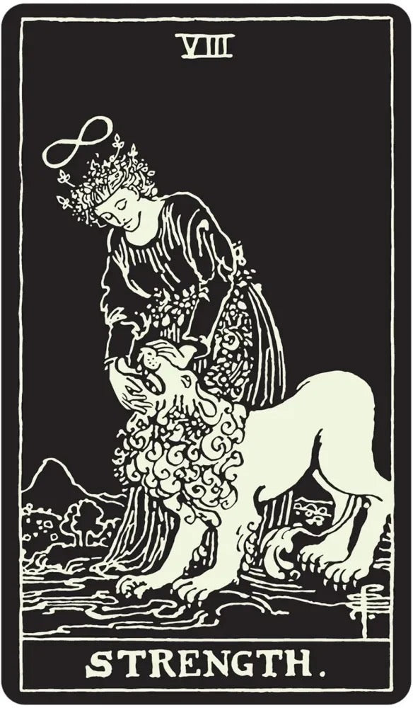 Tarot card featuring a figure with a lion and the word 'Strength' on a black background