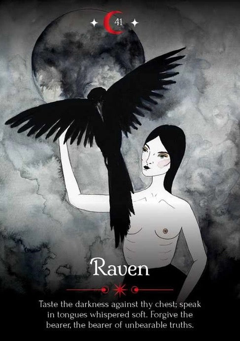 Illustration of a woman with a black raven on her shoulder against a moonlit sky.