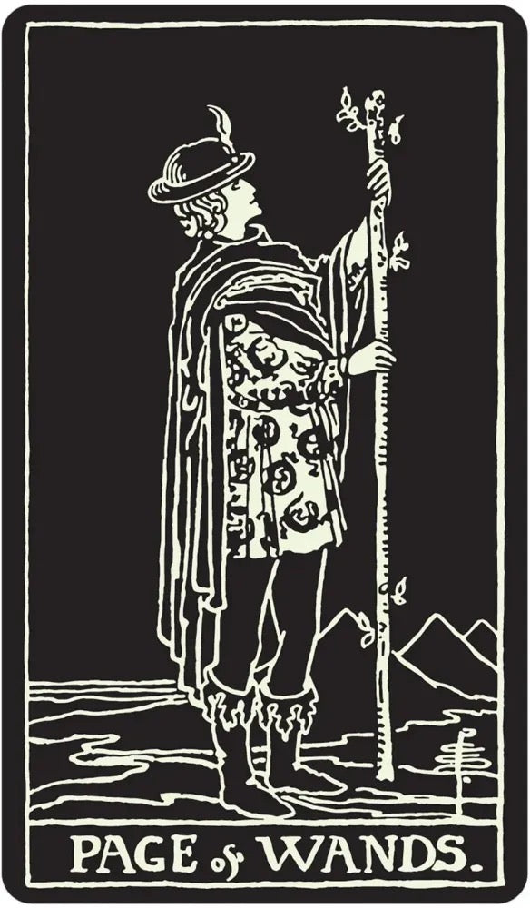 A black tarot card illustration labeled 'PAGE of WANDS' showing a robed figure holding a tall staff against a black background.