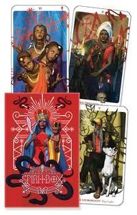 Four tarot cards with colorful illustrations of people and animals on a white background.