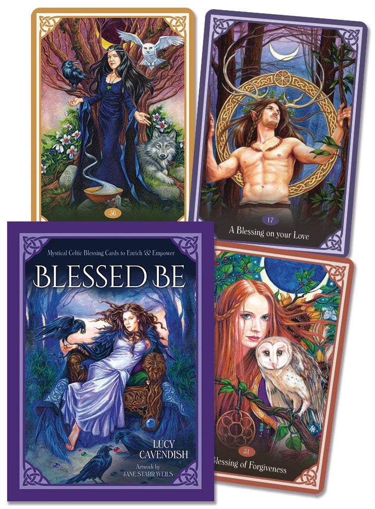 Four tarot cards with artistic illustrations of people and nature, featuring purple and gold borders.