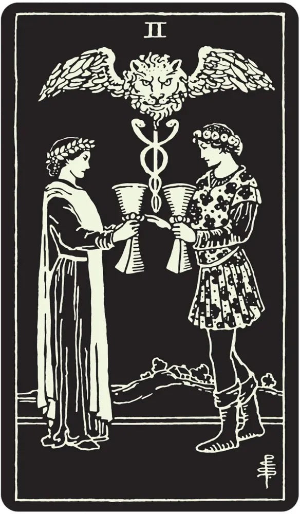 Two people holding cups with a lion head symbol above them on a black background