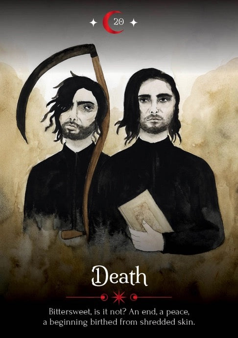 Two figures, one holding a scythe and the other a book, with the word 'Death' and a quote below.