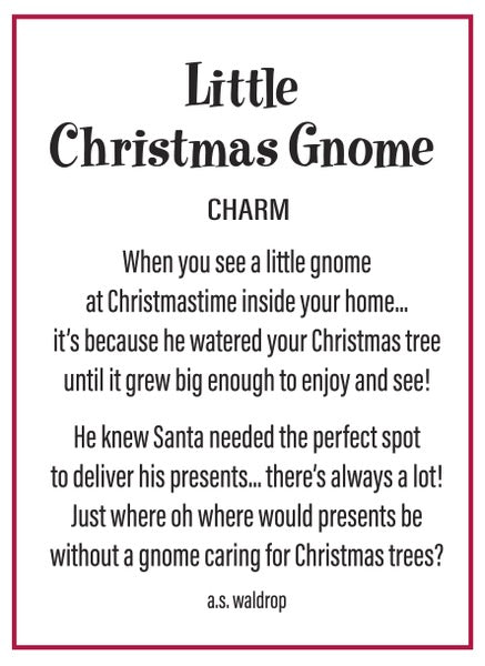 Text describing a Christmas gnome charm with a white background