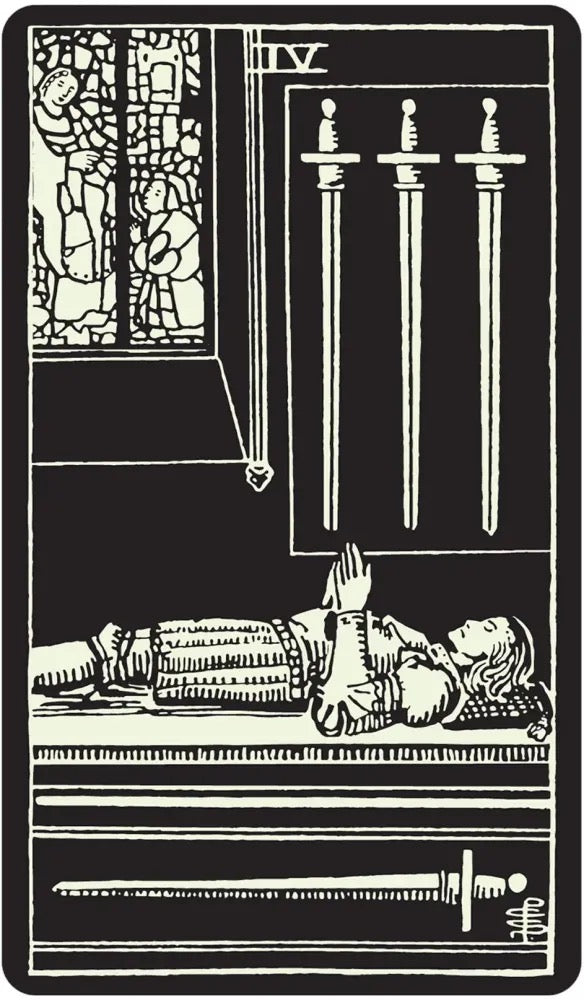 Card from a tarot deck with a figure lying down, three swords, and stained glass window.