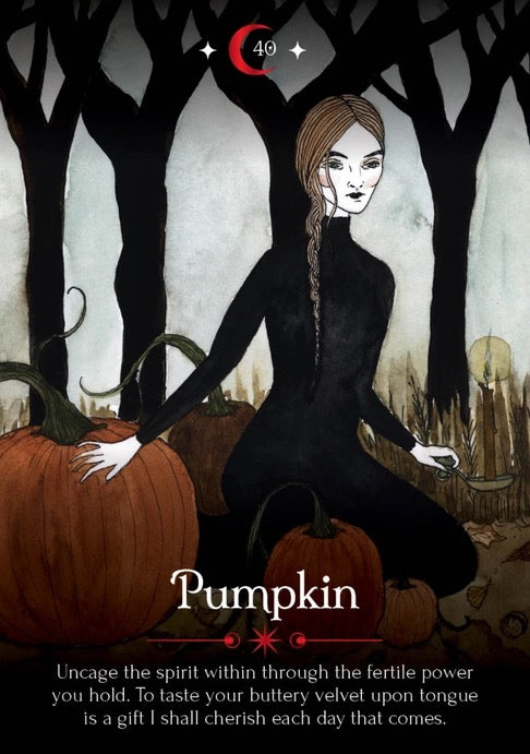 A square art print or card titled 'Pumpkin' featuring a stylized illustration of a woman in a black dress kneeling among pumpkins in a dark forest. The top shows a red crescent moon with stars and the number 49, and there is a quote at the bottom.