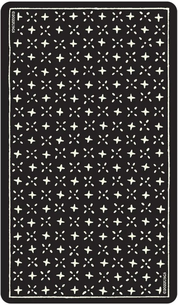 A rectangular black rug with a repeating white star and cross pattern and a white border, shown flat against a white background.