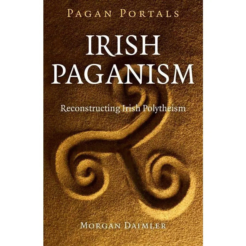 Book cover of 'Irish Paganism' by Morgan Daimler with a decorative design on a brown background.