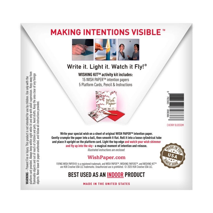 Back of a product packaging for 'Wish Paper' activity kit with text and images.