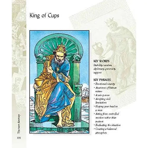 King of Cups tarot card with detailed illustration and text on a decorative background