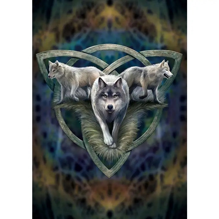A square art card featuring three wolves surrounding a green Celtic knot shield emblem, set against a dark, mystical background with blue, green, and gold tones.